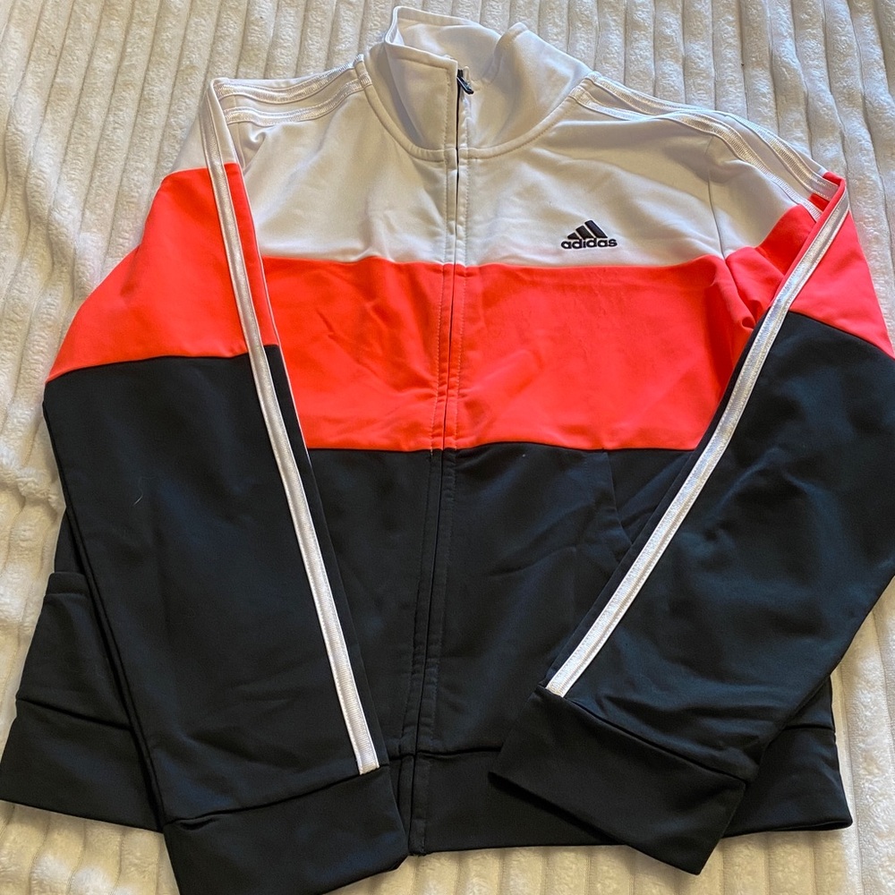 Adidas Tri-Color Track Jacket in White, Coral, and Black